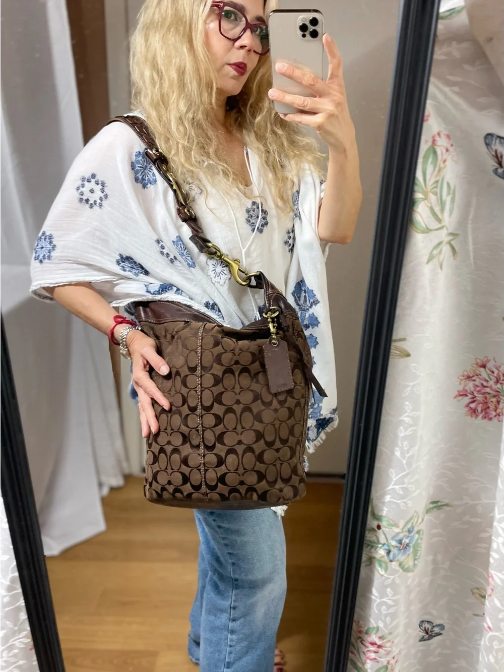 Vintage Coach Signature Monogram Brown Buckle Hobo Shoulder Bag Y2K